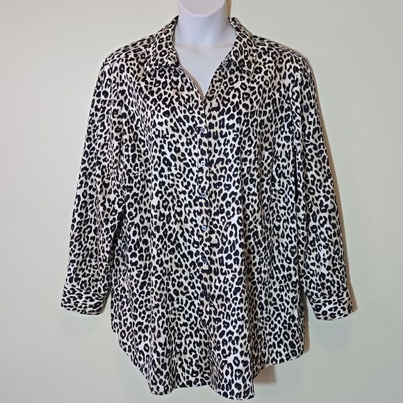 Foxcroft Button Down Cotton Shirt Leopard Print Collar Wrinkle Free Womens 24W - Picture 12 of 12